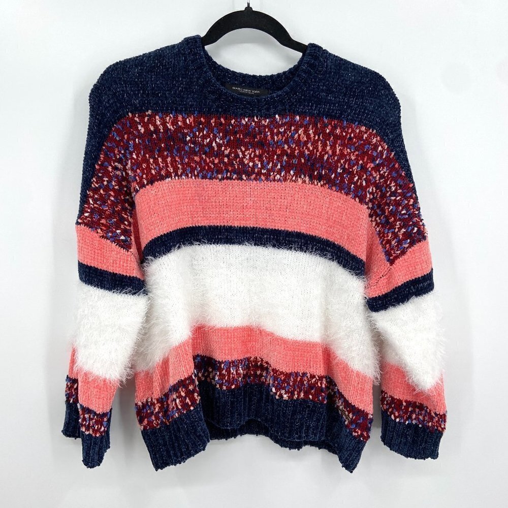 MARC NEW YORK Andrew Marc Blue Pink White Eyelash Knit Pullover Sweater Large
